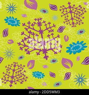 Fiori e Foliage motivo senza giunture - colori rosa, verde e blu - disegno disegnato a mano Illustrazione Vettoriale