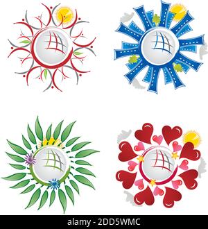 Insieme di icone del pianeta con la città, gli alberi, le persone e i cuori Illustrazione Vettoriale
