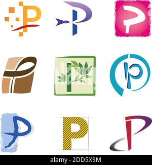 Set di icone P di lettera decorativa - elementi per il logo Design Illustrazione Vettoriale