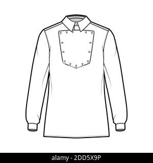 Maglietta cavalleria ufficiale illustrazione tecnica della moda con bib, maniche lunghe, relax fit, colletto classico. Lato anteriore piatto in stile selvaggio West, colore bianco. Donne uomo top mockup CAD Illustrazione Vettoriale