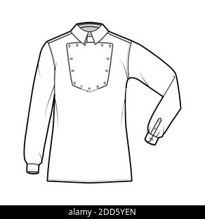 Maglietta cavalleria ufficiale illustrazione tecnica della moda con bib, maniche lunghe a gomito, relax fit, colletto classico. Lato anteriore piatto in stile selvaggio West, colore bianco. Donne uomo top mockup CAD Illustrazione Vettoriale