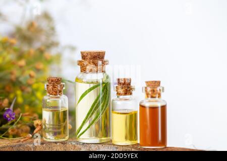 Raccolta di bottiglie di olio di erbe essenziali, aromaterapia o concetto termale Foto Stock