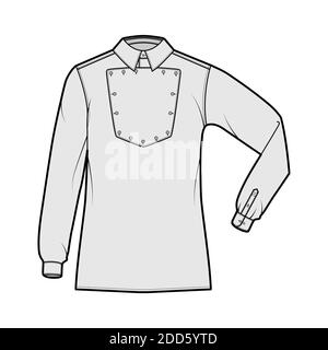 Maglietta cavalleria ufficiale illustrazione tecnica della moda con bib, maniche lunghe a gomito, relax fit, colletto classico. Lato anteriore piatto in stile selvaggio West, colore grigio. Donne uomo top mockup CAD Illustrazione Vettoriale