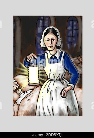 L'illustrazione dell'opera d'arte dell'infermiera del XIX secolo /Florence Nightingale in un ospedale di campo di Crimea che mostra la professione d'infermiera è sempre stata una professione di prima linea. Foto Stock