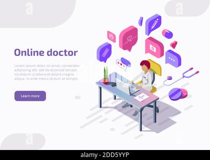 Medico online isometrico che fornisce consulenza in remoto, comunicando in chat sul laptop con il paziente. Concetto medico di telemedicina. Assistenza sanitaria Illustrazione Vettoriale