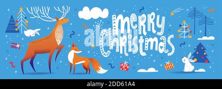 Buon Natale banner social media in stile scandinava scandinava in colore blu con animali carini. Illustrazione Vettoriale