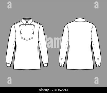 Maglietta cavalleria ufficiale illustrazione tecnica della moda con bib, maniche lunghe, relax fit, colletto classico. Modello piatto stile selvaggio West, parte anteriore, colore bianco posteriore. Donne uomo top mockup CAD Illustrazione Vettoriale
