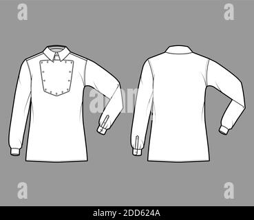 Maglietta cavalleria ufficiale illustrazione tecnica della moda con bib, maniche lunghe a gomito, relax fit, colletto classico. Modello piatto stile selvaggio West, parte anteriore, colore bianco posteriore. Donne uomo top mockup CAD Illustrazione Vettoriale