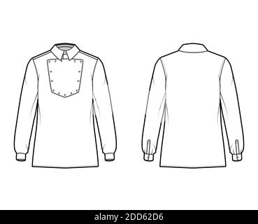Maglietta cavalleria ufficiale illustrazione tecnica della moda con bib, maniche lunghe, relax fit, colletto classico. Modello piatto stile selvaggio West, parte anteriore, colore bianco posteriore. Donne uomo top mockup CAD Illustrazione Vettoriale