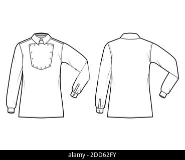 Maglietta cavalleria ufficiale illustrazione tecnica della moda con bib, maniche lunghe a gomito, relax fit, colletto classico. Modello piatto stile selvaggio West, parte anteriore, colore bianco posteriore. Donne uomo top mockup CAD Illustrazione Vettoriale