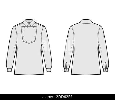 Maglietta cavalleria ufficiale illustrazione tecnica della moda con bib, maniche lunghe, relax fit, colletto classico. Modello piatto in stile selvaggio West, colore grigio posteriore. Donne uomo top mockup CAD Illustrazione Vettoriale