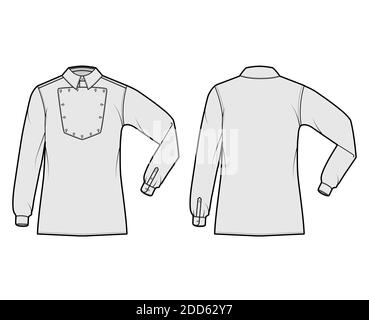 Maglietta cavalleria ufficiale illustrazione tecnica della moda con bib, maniche lunghe a gomito, relax fit, colletto classico. Modello piatto in stile selvaggio West, colore grigio posteriore. Donne uomo top mockup CAD Illustrazione Vettoriale