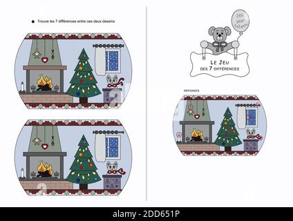 Il gioco di sette differenze. Gioco per bambini. Tema di Natale. Lingua francese. Illustrazione Vettoriale
