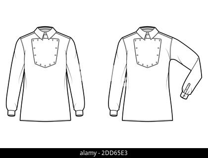 Set di magliette cavalleria ufficiale illustrazione tecnica di moda con bib, maniche lunghe a gomito, relax fit, colletto classico. Lato anteriore piatto in stile selvaggio West, colore bianco. Donne uomo top mockup CAD Illustrazione Vettoriale