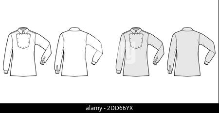 Maglietta cavalleria ufficiale illustrazione tecnica della moda con bib, maniche lunghe a gomito, relax fit, colletto classico. Modello piatto in stile selvaggio West, parte posteriore di colore grigio bianco. Donne uomo top mockup CAD Illustrazione Vettoriale