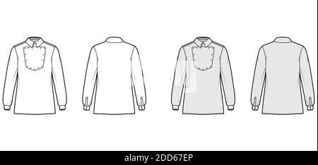 Maglietta cavalleria ufficiale illustrazione tecnica della moda con bib, maniche lunghe, relax fit, colletto classico. Modello piatto in stile selvaggio West, parte posteriore di colore grigio bianco. Donne uomo top mockup CAD Illustrazione Vettoriale