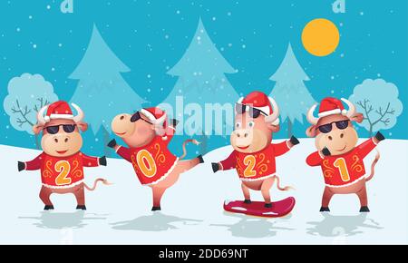 2021 anno del toro. Tori con numeri di 2021 su sfondo natura invernale. Illustrazione Vettoriale