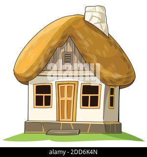 Una vecchia casa con tetto di paglia. Favoloso oggetto cartoon. Carino stile infantile. Un'antica dimora. Minuscolo, piccolo. Isolato su bianco. Foto Stock