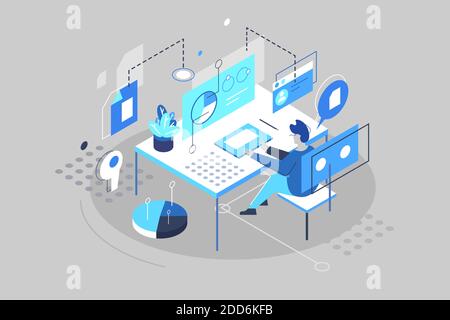 3D isometrico, il ragazzo lavora al computer Illustrazione Vettoriale