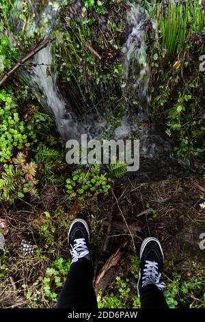 Gambe e scarpe donna vicino a una cascata nella natura. Scarpe sportive bianche e nere per esplorare ed escursioni in natura Foto Stock