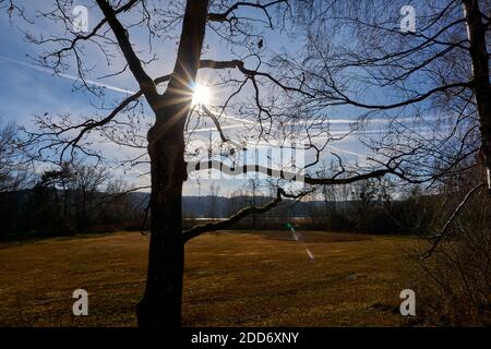 Lago Seehamer in autunno con il sole visibile Foto Stock