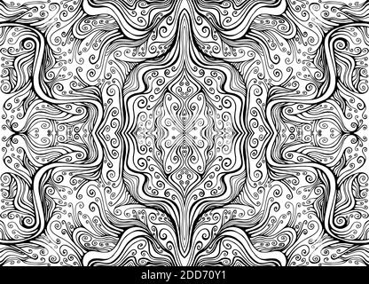 Onde riccamente decorativo astratto sfondo psichedelico. Bianco e nero doodle fractal surreale. Illustrazione Vettoriale