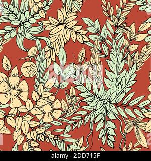 Ornamento floreale. Plesso di rami e foglie di alberi, arbusti ed erbe.  Fiori decorativi e selvatici. Senza interruzioni. Bella estate, composizione  primaverile Foto stock - Alamy