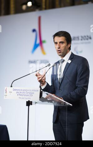 Tony Estanguet durante una cerimonia per il 'Protocole d organization des Jeux Olympiques et Paralympiques 2024' presso il Municipio di Parigi il 14 giugno 2018. Foto di ELIOT BLONDT/ABACAPRESS.COM Foto Stock