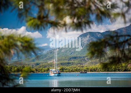 Crociera in barca a vela Gulet in una baia a Phaselis vicino a Kemer, Provincia di Antalya, Costa Mediterranea, Turchia, Europa Orientale Foto Stock