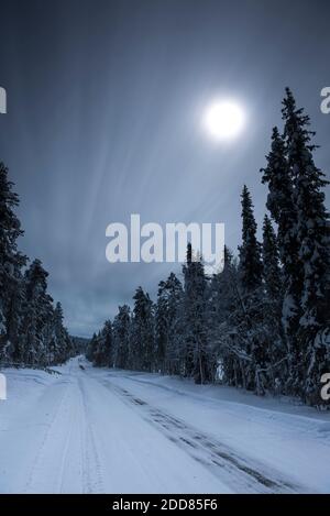 Strada coperta di neve attraverso una foresta in inverno di notte nel Circolo polare Artico in un viaggio su strada a Lapponia, Finlandia Foto Stock