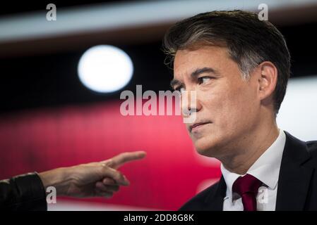 RITRATTO i politici francesi Segretario Generale del Partito Socialista Francese (PS) Olivier Faure a Saint-Cloud il 17 maggio 2018, davanti ad un dibattito politico ospitato dalla televisione francese 2. Foto di ELIOT BLONDT/ABACAPRESS.COM Foto Stock