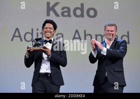 Aditya Ahmad riceve il Premio orizzonti per il miglior cortometraggio di Kado da Frederic Bonnaud partecipando alla cerimonia di chiusura del 75° Festival Internazionale del Cinema di Venezia (Mostra) il 08 settembre 2018. Foto di Aurore Marechal/ABACAPRESS.COM Foto Stock