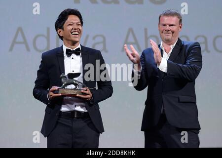 Aditya Ahmad riceve il Premio orizzonti per il miglior cortometraggio di Kado da Frederic Bonnaud partecipando alla cerimonia di chiusura del 75° Festival Internazionale del Cinema di Venezia (Mostra) il 08 settembre 2018. Foto di Aurore Marechal/ABACAPRESS.COM Foto Stock