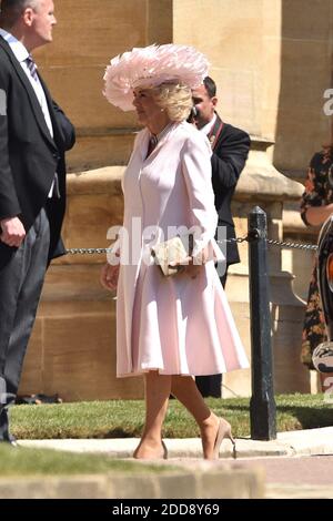 Camilla, Duchessa di Cornovaglia, partecipa alla cerimonia nuziale del principe Enrico Charles Albert David del Galles sposa la Sig.ra Meghan Markle in un servizio presso la Cappella di San Giorgio all'interno dei terreni del Castello di Windsor. Tra gli ospiti vi erano 2200 membri del pubblico, la famiglia reale e la Madre Doria Ragland di Markle. Foto di Lionel Hahn/ABACAPRESS.COM Foto Stock