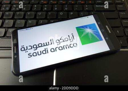 KONSKIE, POLONIA - 21 dicembre 2019: Logo Saudi Aramco visualizzato sul telefono cellulare Foto Stock