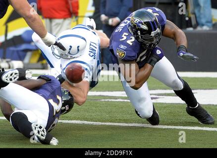 NO FILM, NO VIDEO, NO TV, NO DOCUMENTARIO - Baltimore Ravens linebacker Ray Lewis (52) bussa alla palla sciolta da Indianapolis Colts Tight End Tom Santi forzando un giro d'affari nel terzo trimestre di gioco a Baltimora, MD, USA il 22 novembre 2009. I Colts sconfissero i Ravens 17-15. Foto di Karl Merton Ferron/Baltimore Sun/MCT/Cameleon/ABACAPRESS/COM Foto Stock