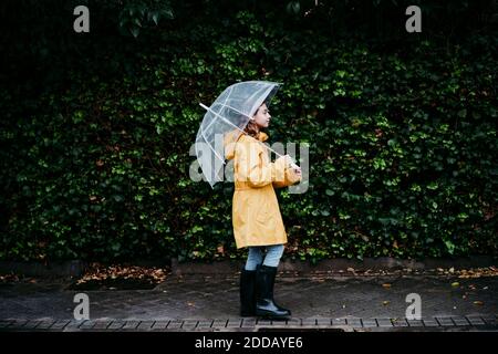 Ragazza che indossa un impermeabile che tiene un ombrello mentre cammina contro il muro a foglia in città Foto Stock