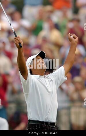 NO FILM, NO VIDEO, NO TV, NO DOCUMENTARIO - Michael Campbell guarda al cielo sul 18 ° verde dopo aver vinto il 2005 US Open a Pinehurst n ° 2 a Pinehurst, Carolina del Nord, il 19 giugno 2005. Foto di Christopher A. Record/Charlotte Observer/KRT/CAMELEON/ABACA Foto Stock