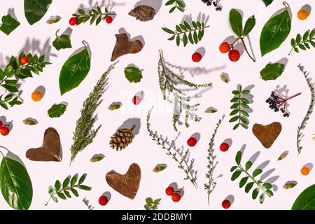 Foglie, coni di pino, rametti e frutti di fragola in autunno modello, illustrazione Foto Stock
