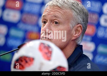 Didier Deschamps, responsabile della Francia, guarda durante una conferenza stampa allo stadio Nizhny Novgorod il 5 luglio 2018 a Nizhny Novgorod, Russia. Foto di Lionel Hahn/ABACAPRESS.COM Foto Stock