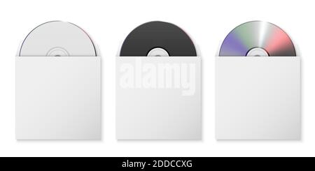 CD Vector 3d realistico bianco, nero e multicolore, DVD in carta aperta, custodia in plastica, confezione, set buste Chioseup isolato su sfondo bianco Illustrazione Vettoriale
