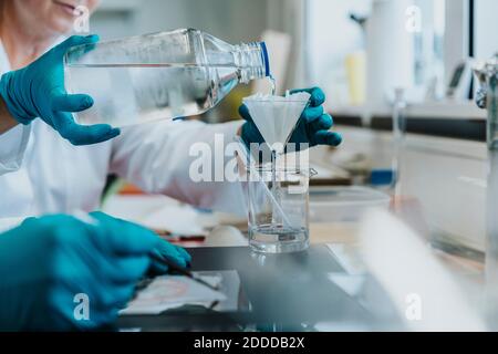 Lo scienziato versa liquido filtrante mentre si trova in laboratorio Foto Stock