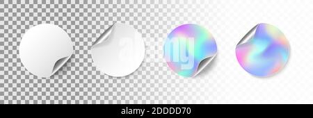 Adesivi vuoti rotondi con angolo arrotolato e ombra. Etichette promozionali realistiche bianche bianche e iridescenti con bordo arricciato. Prezzo cerchio adesivo Illustrazione Vettoriale
