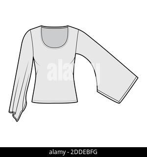 Top con maniche lunghe Kimono illustrazione tecnica della moda con vestibilità relax, lunghezza sotto la vita, scollo rotondo. Blusa di abbigliamento piatto, modello frontale, colore grigio. Donna uomo Unisex camicia CAD mockup Illustrazione Vettoriale