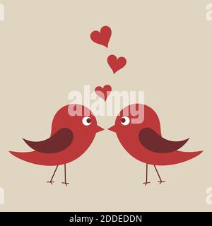 Due simpatici uccelli innamorati e baciati con le loro beccature isolate su sfondo marrone. Concetto di giorno di amore e di San Valentino Illustrazione Vettoriale