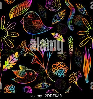 Ornamentali uccelli e fiori senza cuciture motivo. Modello multicolore. Supporti misti. Illustrazione vettoriale Illustrazione Vettoriale