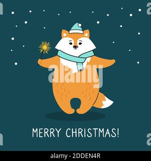 Biglietto di auguri natalizi, volpe con sparkler. Volpe rossa nel cappello di Babbo Natale. Simpatico personaggio natalizio con cartoni animati disegnati a mano. Felice anno nuovo, Buon Natale. Vettore animale Illustrazione Vettoriale