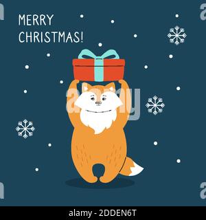 Biglietto di auguri natalizi, volpe con neve e confezione regalo. Fumetto divertente disegnato a mano New Year rosso volpe personaggio di natale. Felice anno nuovo, Buon Natale. Vettore animale Illustrazione Vettoriale
