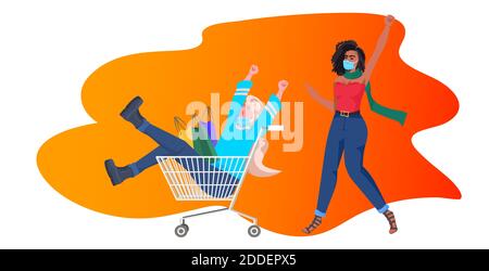 mix di ragazze di corsa con borse shopping che hanno divertimento nero venerdì big sale concetto di quarantena coronavirus piena lunghezza orizzontale illustrazione vettoriale Illustrazione Vettoriale