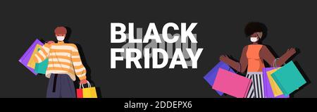 mix gara coppia in maschere in piedi con borse shopping nero venerdì grande vendita banner coronavirus quarantena concetto ritratto vettore orizzontale illustrazione Illustrazione Vettoriale